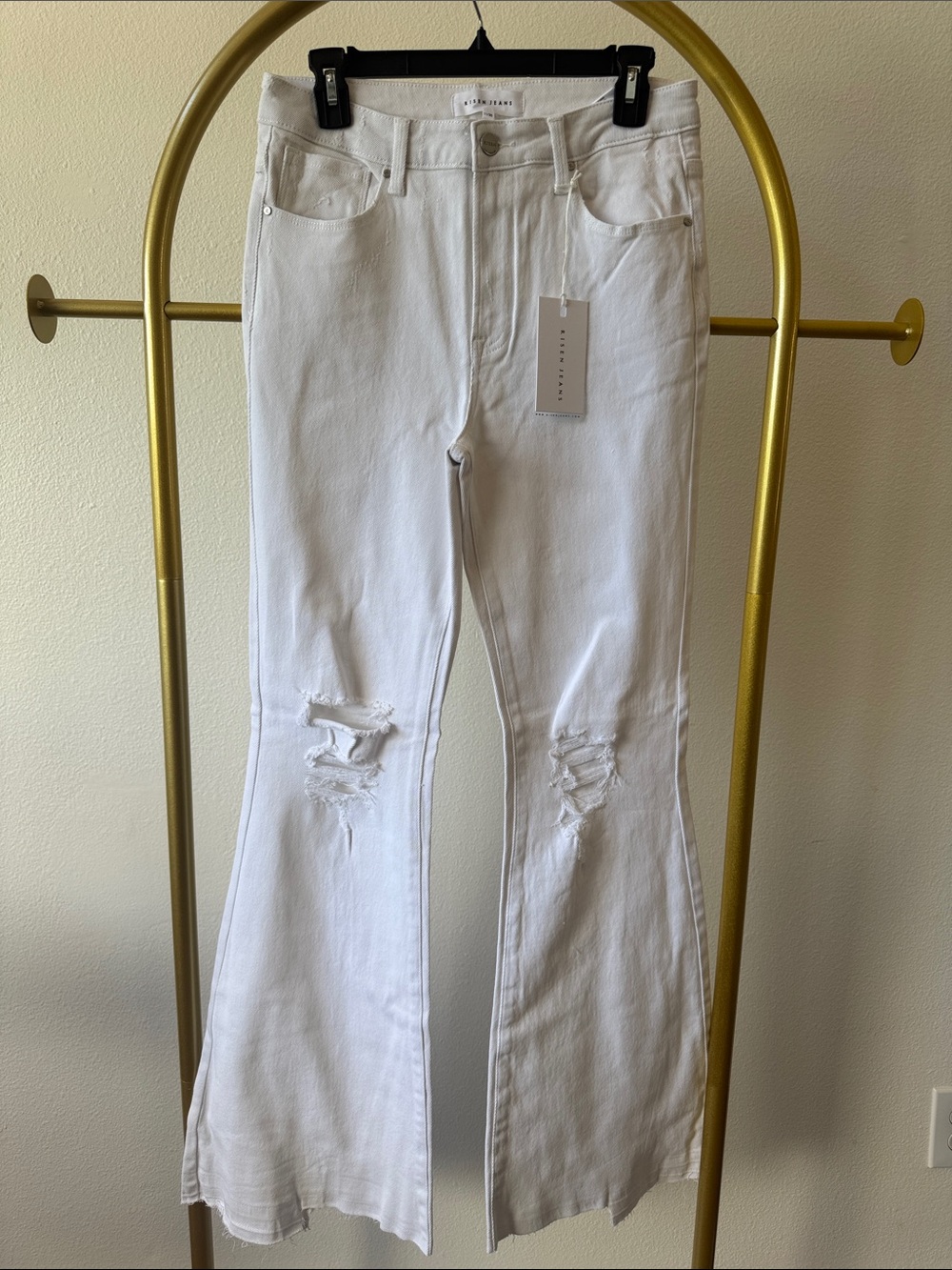 High-Rise White Distressed Flare Jeans - Women